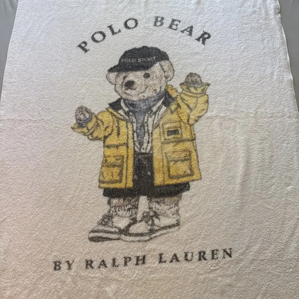 VTG 90s Polo Ralph Lauren Bear Beach Towel Yellow Raincoat USA Oversize 36x66
